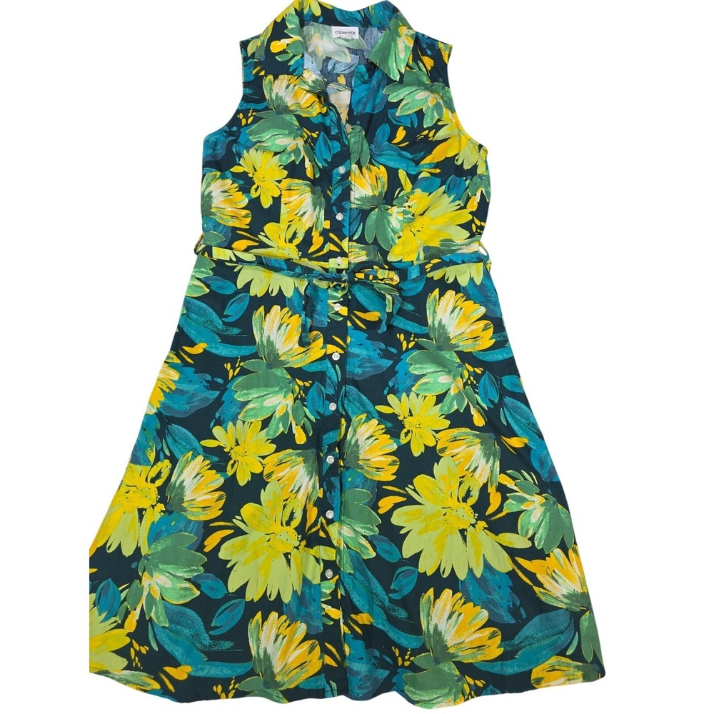 Chloe + Rene Floral Print‎ Sleeveless Button Front Dress Medium Green Yellow